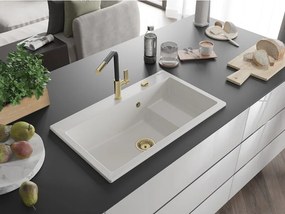 Mexen Omar egymedencés gránit mosogató 800 x 480 mm, fehér, arany szifon - 6520801005-20-G