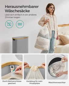 Szennyeskosár fedéllel, keskeny szennyestartó 65 L, 42 x 22,5 x 70,5 cm, galambszürke