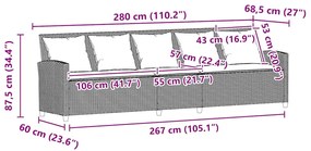 5 személyes fekete polyrattan kerti kanapé párnával