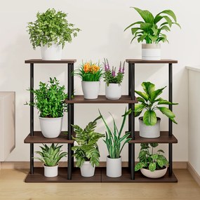 Fém virágtartó állvány, fekete/rusztikus fa, LEDER