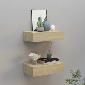2 db tölgyszínű MDF falra szerelhető fiókos polc 40x23,5x10 cm