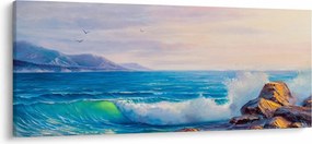 A sziklákat megütő hullámok képe, olajfestmény (120x50 cm)