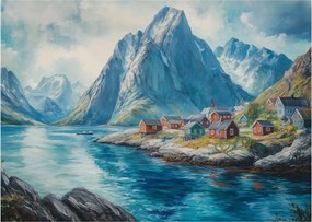 Üveg kép - Norvég falu (70x50 cm)