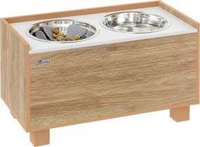 PawHut Emelt Kutya Etető, Kivehető Lassító Etetővel és Tárolóhelyes Tálakkal Nagy Kutyák Számára, 2x2 L Rozsdamentes Acél Etető és Italos Tölgyben | A