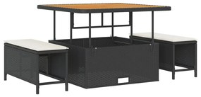 8-as kerti kanapé szett párnákkal Fekete Poli Rattan Akácia, 3-as kerti étkező szett párnákkal Fekete Poli Rattan Akácia