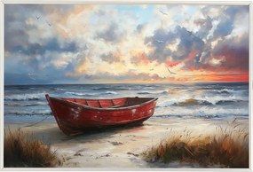 Poszter Alumínium Keret Piros Hajó Tengerpart Naplemente Tenger Nyár 60x40
