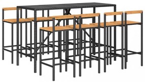 vidaXL 9 részes fekete polyrattan és tömör akácfa kerti bárszett