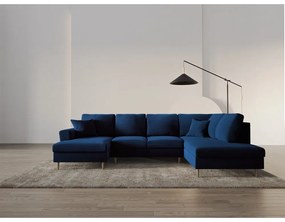 Kék bársony kinyitható tárolóhelyes sarokkanapé (jobb oldali-U alakú) Kyoto – Cosmopolitan Design