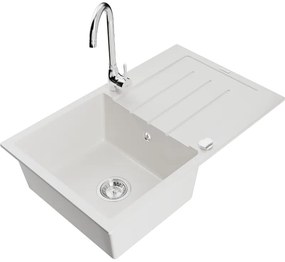 Mexen Bruno, 1 kamrás gránit mosogató csepptálcával 80x50 cm, konyhai csaptelep Telma, fehér, 6513-20-670200-00