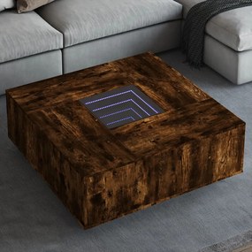 Tölgy színű végtelen hatású LED-es dohányzóasztal 100x100x40 cm
