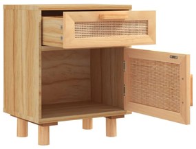 barna tömör fenyőfa és természetes rattan éjjeliszekrény