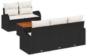 6 részes kerti kanapé szett párnákkal fekete poli rattan akácfával, 2 személyes kerti kanapé tárolóval és párnákkal fekete poli rattan