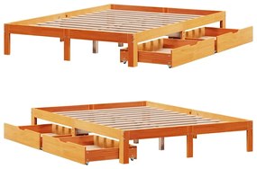 viaszbarna tömör fenyőfa ágykeret fiókokkal 120 x 200 cm