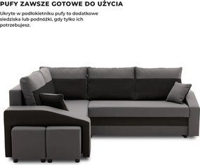 Grande sarokkanapé polcokkal és puffokkal , polc a jobb karfaban puffok a bal karfaban, baloldali, szövet anyag, hab töltet, szürke - fekete