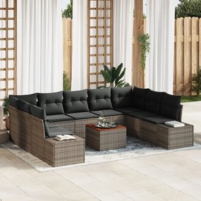 10 Részes Kerti Kanapé Szett Párnákkal Szürke Poly Rattan Akáciából