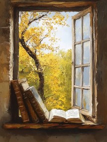 Vászonkép Canvas Ablak Könyv Ősz Kilátás Fa Nosztalgia 75x100
