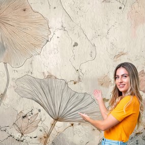 3D fotótapéta Nappali Hálószoba Boho Fű Levelek Beton Loft 294x260 BKLB07F