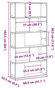 5 szintes antik fa színű fa könyvespolc 80,5 x 23,5 x 162,5 cm