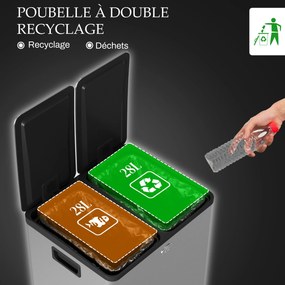 HOMCOM Dupla Konyhai Szemetes, 2 x 28L, Rozsdamentes Acél Pedálos Szemetes, 2 Lágyan Záródó Fedél, Kivehető Belső Vödrök, Ujjlenyomat-mentes Fogantyúk