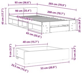 barna tölgyszínű szerelt fa ágykeret fiókkal 90 x 200 cm