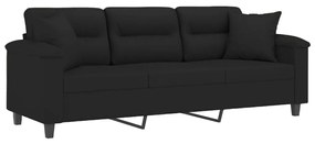 3 személyes fekete mikroszálas szövetkanapé párnákkal 180 cm