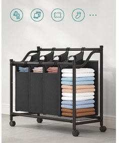 Szennyeskosár görgőkkel 4 x 35L, 4 kivehető táskával, fekete