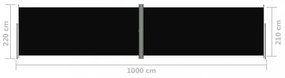 fekete behúzható oldalsó napellenző 220 x 1000 cm