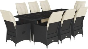 vidaXL 9 részes fekete polyrattan kerti bisztrógarnitúra párnákkal