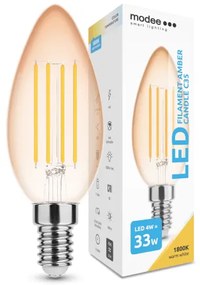 LED lámpa , égő , izzószálas hatás , filament  , E14 foglalat , C35  , Edison , 4 Watt , meleg fehér , 1800K , borostyán sárga , Modee