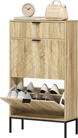 HOMCOM Keskeny Cipőtároló Szekrény 2 Ajtóval, Cipőtárolás Fiókkal és Állítható Polcokkal, 8 Pár Cipőhöz, 60x24x105.5 cm Tölgy | Aosom