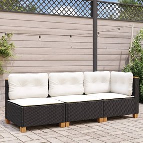 Fekete 3 személyes polyrattan kerti kanapé párnákkal