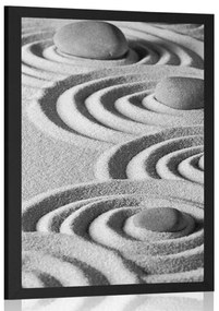 Poszter Zen kövek Zen homokos körökben fekete fehérben