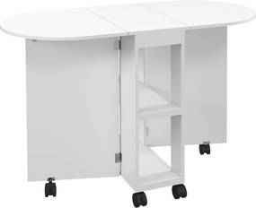 HOMCOM Összecsukható Étkezőasztal Kerekekkel - Konyhai Asztal Hajtható Oldalakkal és 2 Nyitott Polccal - Modern Stílus 80 kg Teherbírás 120x60x77 cm F