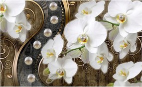 Orchideák fotótapéta gyöngyökkel és arannyal sötét háttérrel 200x140 +ragasztó