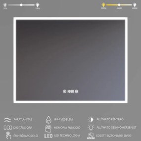 Fekvő fürdőszobai LED tükör 80x60cm | Páramentesítő funkció | Beépített óra | Fényerő és színhőmérséklet szabályozás | Welland Luxury-Line G774