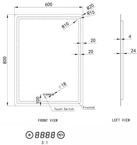 Álló fürdőszobai LED tükör 60x80cm | Páramentesítő - Óra - Fényerő és színhőmérséklet szabályozás | Welland Type20V