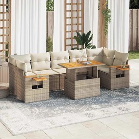 8 részes bézs polyrattan akácfa kerti ülőgarnitúra párnával