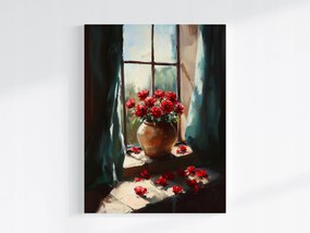 Canvas Vászonkép Piros Virágok Az Ablakban Váza Rózsák Vintage 75x100