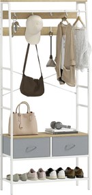 HOMCOM Kabátállvány Cipőtartó Előtér Kabátállvány Cipőtartó 8 Horog 2 Szövet Fiók Fém Rács Polc Ipari Stílusban Ruhák Akasztásához Előszobába, Hálószo