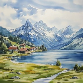 Vászonkép Canvas Tájkép Hegyek Csúcsok Alpok Tó Házak Falu 80x80