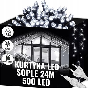 Jégcsap Függöny 500LED Fehér Hideg Fényű Kültéri Flash 24M