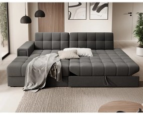 Szürkésbarna bársony kinyitható sarokkanapé (bal oldali-heverő résszel) Blezalt – ELTAP