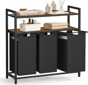 Szennyesszortírozó, szennyeskosár 3 kihúzható és kivehető zsákkal, 3 × 40 L, barna és fekete