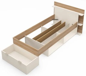 Fehér-natúr színű ágyneműtartós egyszemélyes ágy ágyrács nélkül, tölgyfa dekorral 90x200 cm Albo – Marckeric