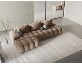 Világosbarna bársony kinyitható-tárolóhelyes sarokkanapé (bal oldali-heverő résszel) Linz – Cosmopolitan Design