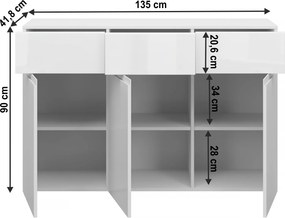 Komód 3D3S, fehér/fehér extra magas fényű HG, JOLK