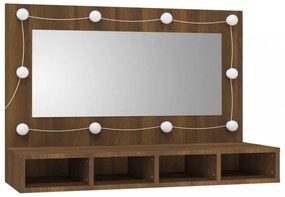barna tölgy színű tükrös szekrény LED-ekkel 90 x 31,5 x 62 cm