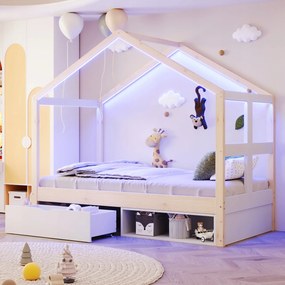 Gyerekágy LED-es faház Fiókok Cipősszekrény 90x190cm fenyő