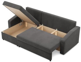 Zeus sarokkanapé, 1 ágyneműtartóval, döntött kartámasz, szövet anyag, univerzális oldal, hab töltet, szürke