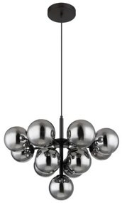 Globo 56143-13 Függeszték fém fekete matt, füstszínű üveg gömbök, fekete textil kábel, magassága lerövidíthető, ø: 560mm, M: 1200mm, 13x G9 LED 5W 230V izzók nélkül